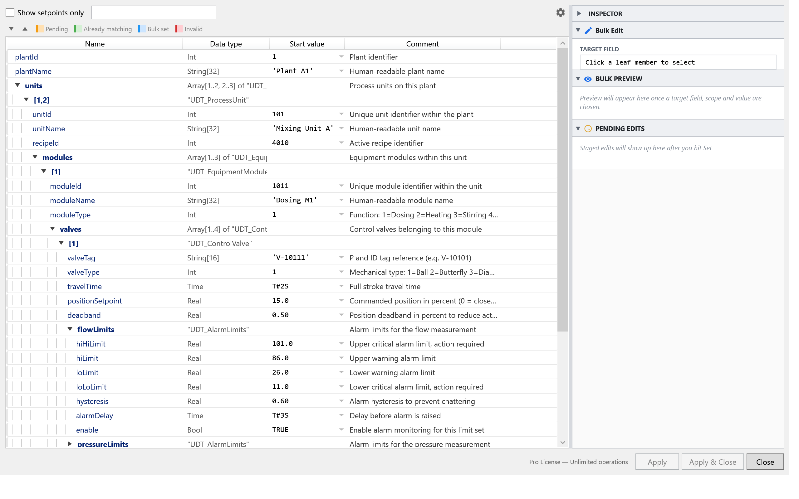 BlockParam main dialog showing a Data Block member tree with inspector panel on the right.