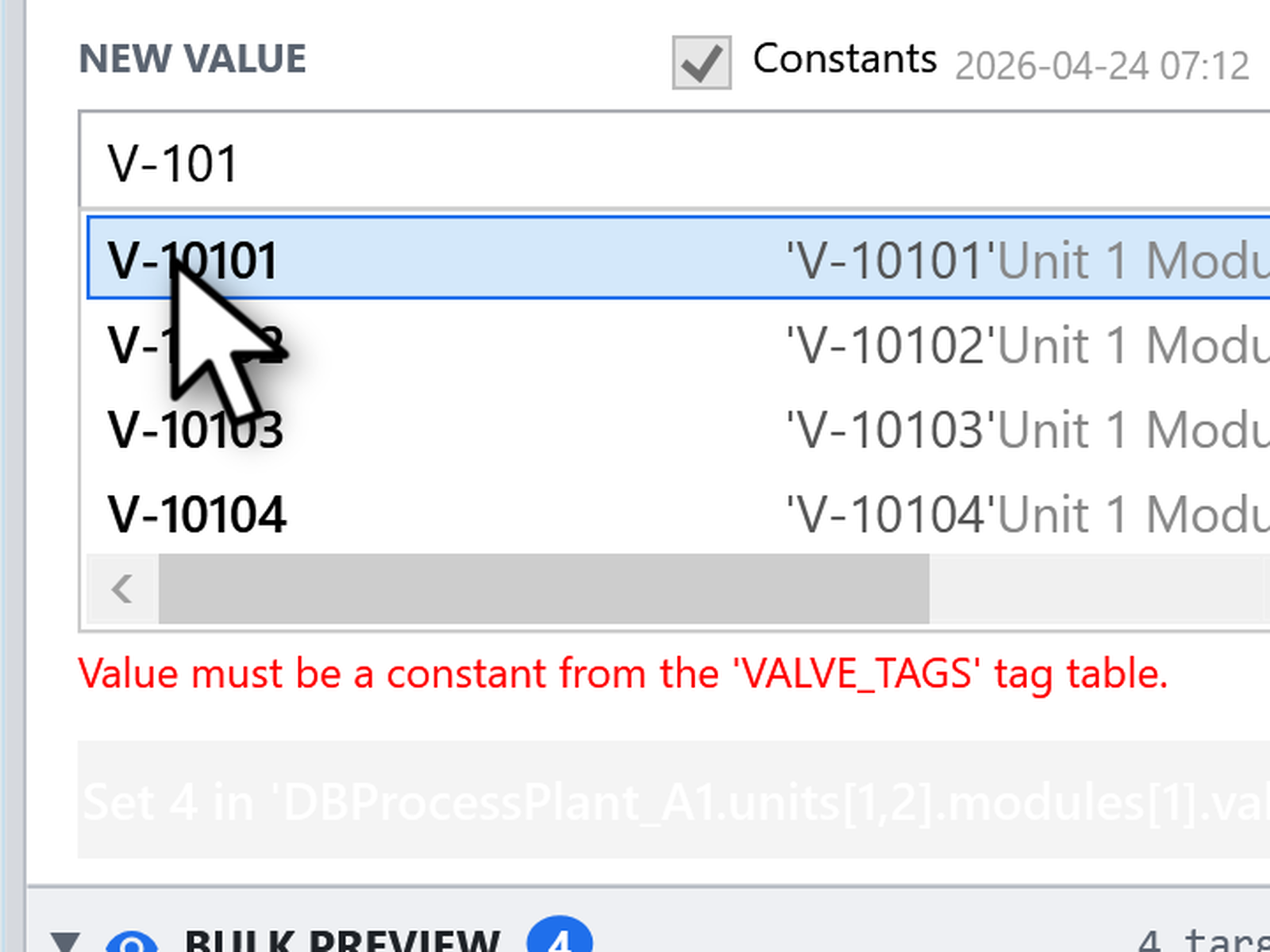 BlockParam autocomplete dropdown showing tag-table suggestions with name, value, and comment.