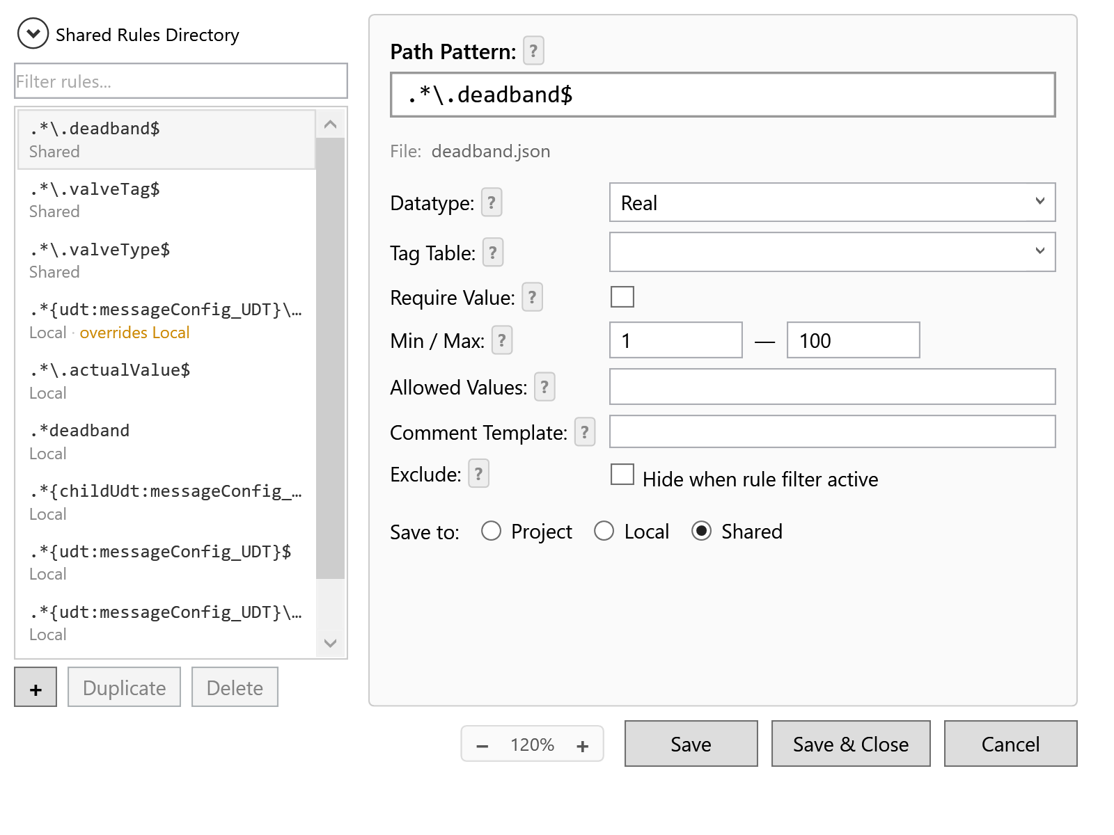 BlockParam rules editor with member-path patterns, data types, ranges, and project/local/shared layer indicators.