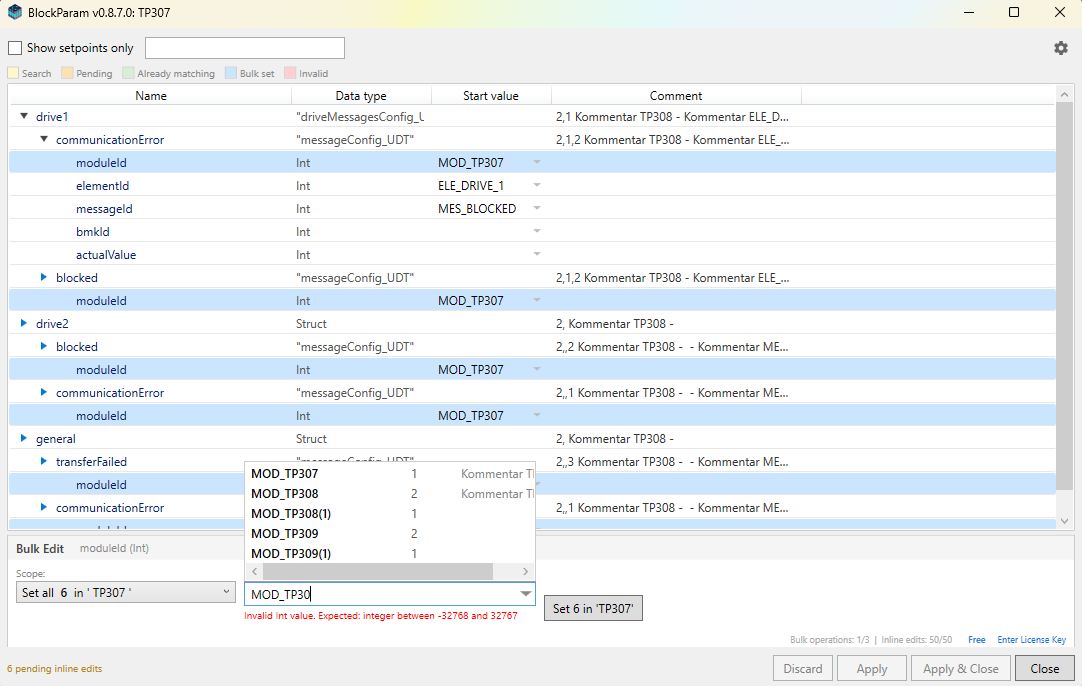 BlockParam main dialog showing the member tree of a Data Block, with highlighted bulk-edit selection and a pending value change on all moduleId members.